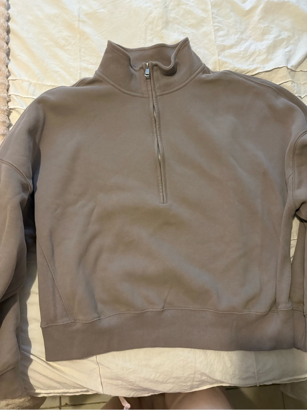 Abercrombie & Fitch Quarter-Zip Pullover Sweatshirt in Taupe